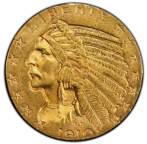 1910-S INDIAN HEAD $5 MS64+