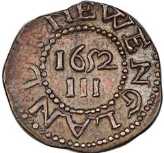 Picture of 1652 PINE TREE THREEPENCE, NO PELLETS AT TRUNK MS62 