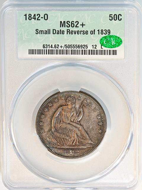 Picture of 1842-O LIBERTY SEATED 50C, SMALL DATE, REV 1839 MS62+ 