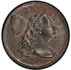 Picture of 1794 FLOWING HAIR LARGE 1C, HEAD OF 1794, LIBERTY CAP, DEN MS65+ Red Brown