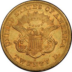 Picture of 1866-S LIBERTY HEAD $20, NO MOTTO AU58 