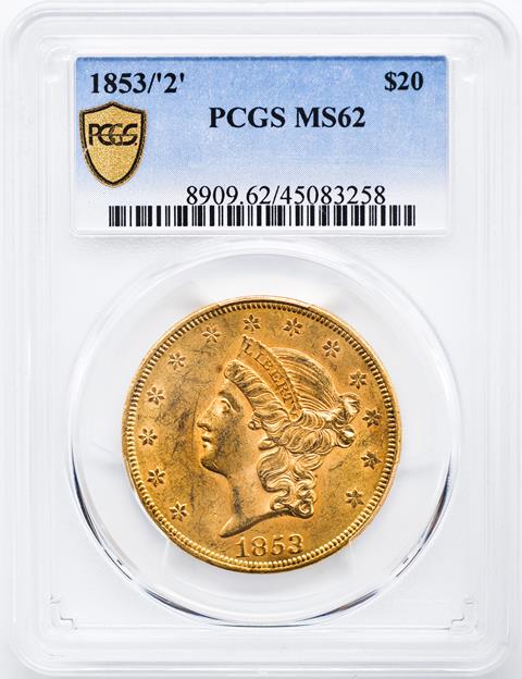 Picture of 1853/2 LIBERTY HEAD $20, OVERDATE MS62 