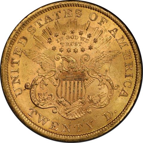 Picture of 1866-S LIBERTY HEAD $20, MOTTO MS62+ 