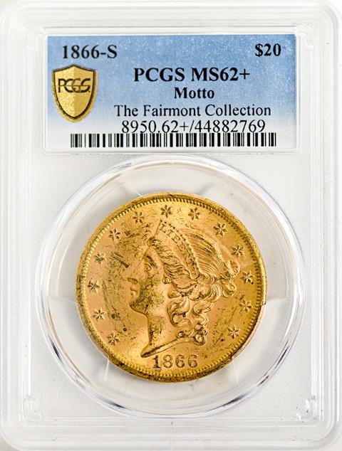 Picture of 1866-S LIBERTY HEAD $20, MOTTO MS62+ 