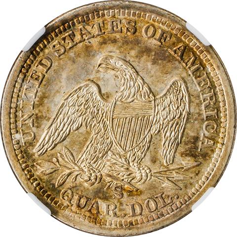 Picture of 1857-S LIBERTY SEATED 25C, NO MOTTO MS63+ 