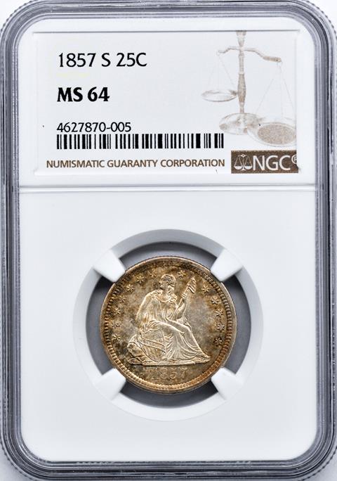 Picture of 1857-S LIBERTY SEATED 25C, NO MOTTO MS63+ 