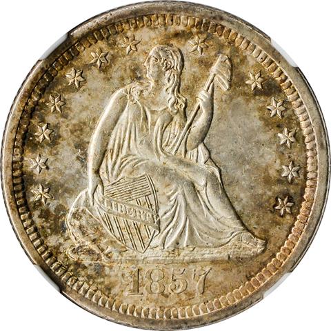 Picture of 1857-S LIBERTY SEATED 25C, NO MOTTO MS63+ 