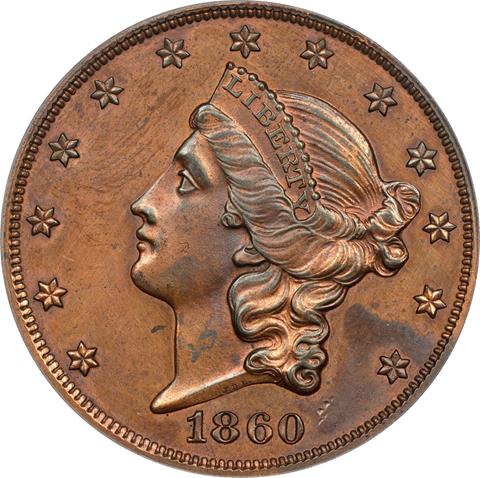 Picture of 1860 LIBERTY $20 J-273, PAQUET REVERSE PR61 Brown