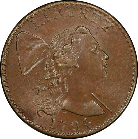 Picture of 1794 FLOWING HAIR LARGE 1C, HEAD OF 1794, LIBERTY CAP, DEN MS66+ Brown