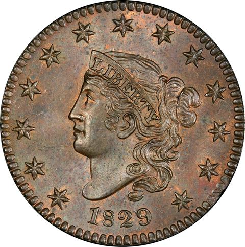 Picture of 1829 CORONET HEAD 1C, LARGE LETTERS MS66 Brown