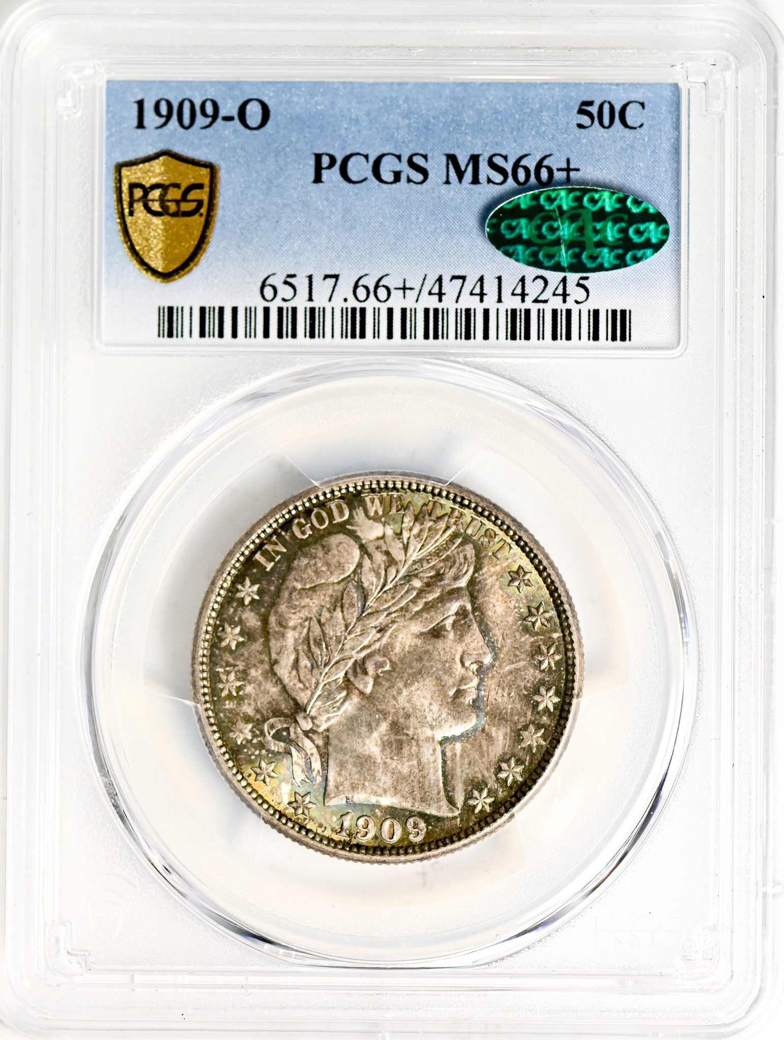 1909-O BARBER 50C PCGS MS66+