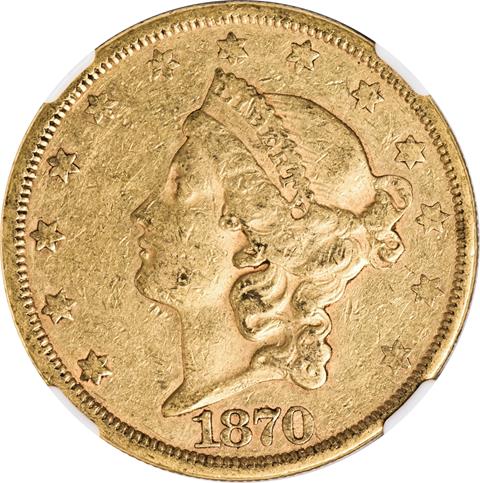 Picture of 1870-CC LIBERTY HEAD $20 AU53 