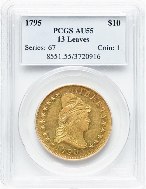 Picture of 1795 DRAPED BUST $10, 13 LEAVES, SMALL EAGLE AU55 