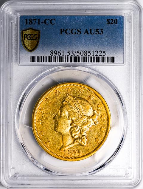 Picture of 1871-CC LIBERTY HEAD $20 AU53 