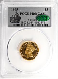 1865 INDIAN PRINCESS $3 PCGS PR66